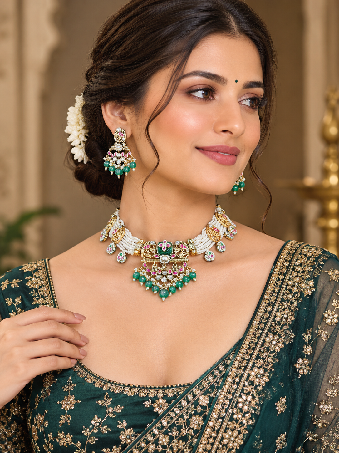 Antique Gold-Finish Traditional Choker Necklace Set with White Beads & Green Drops