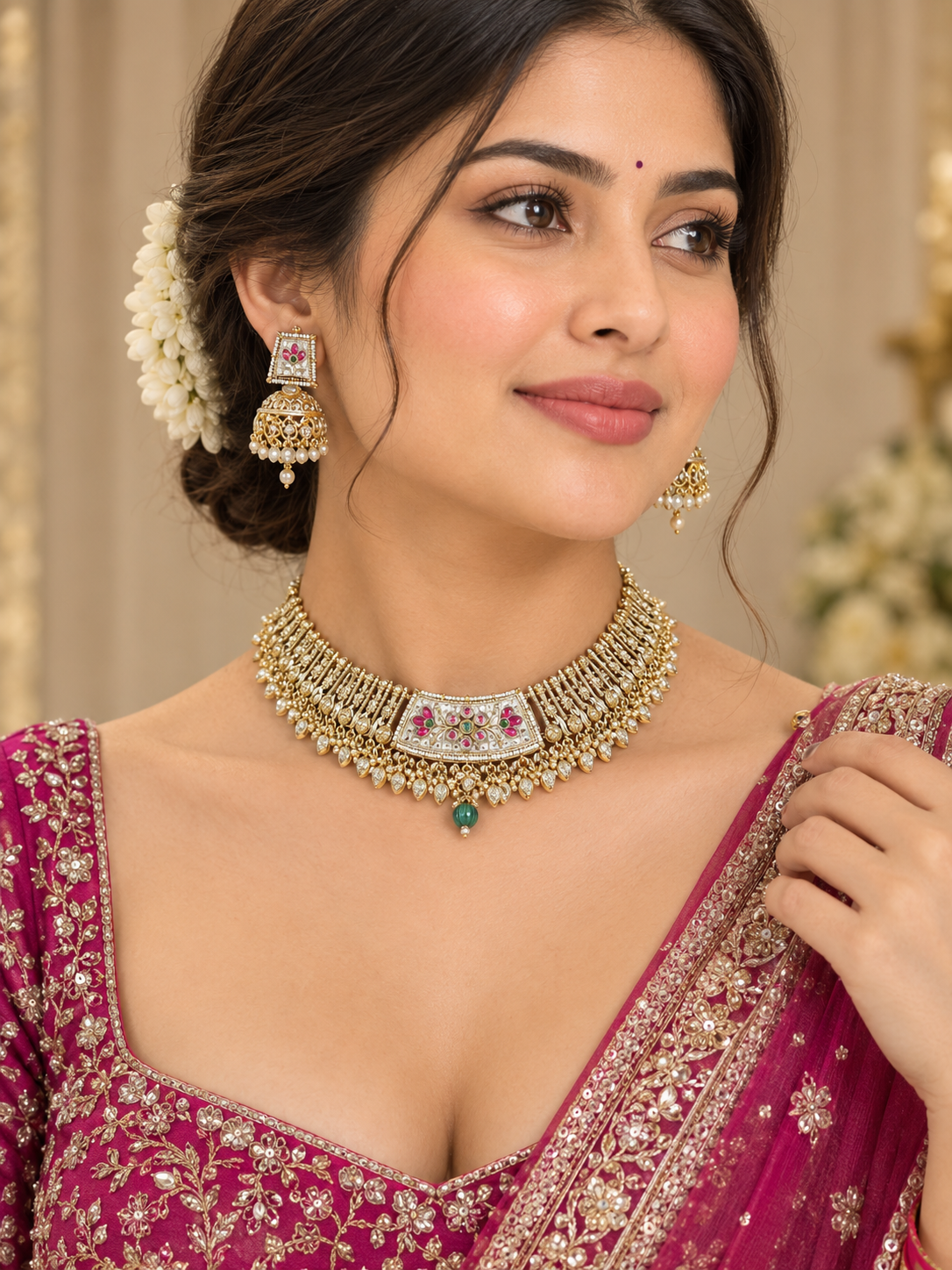 Antique Gold-Finish Traditional Choker Necklace Set with Multicolor Stone Work