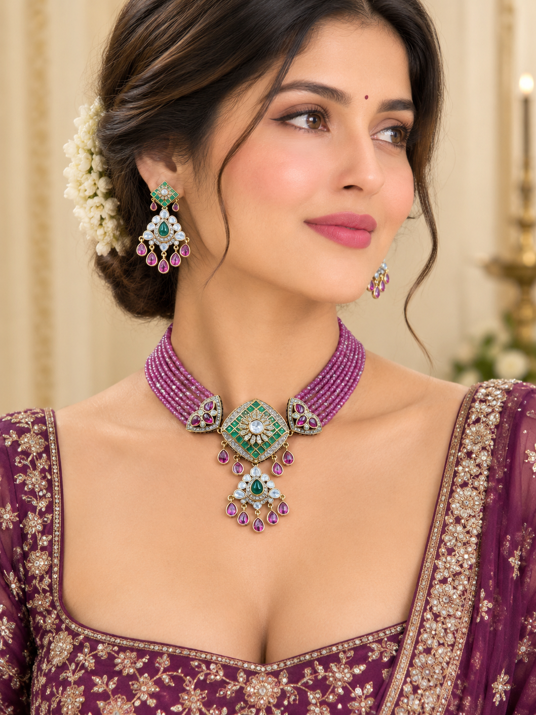 Gold-Finish Pink Beaded Choker Necklace Set with Multicolor Stones & Drop Earrings