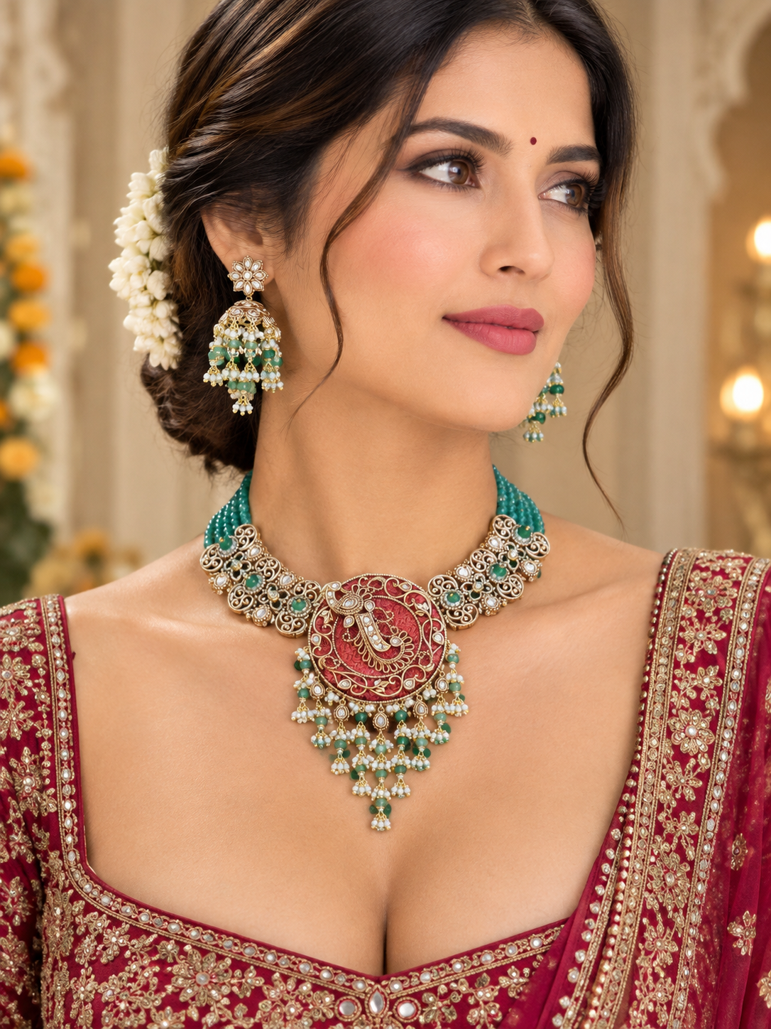 Traditional Gold-Tone Temple Necklace Set with Teal Beads