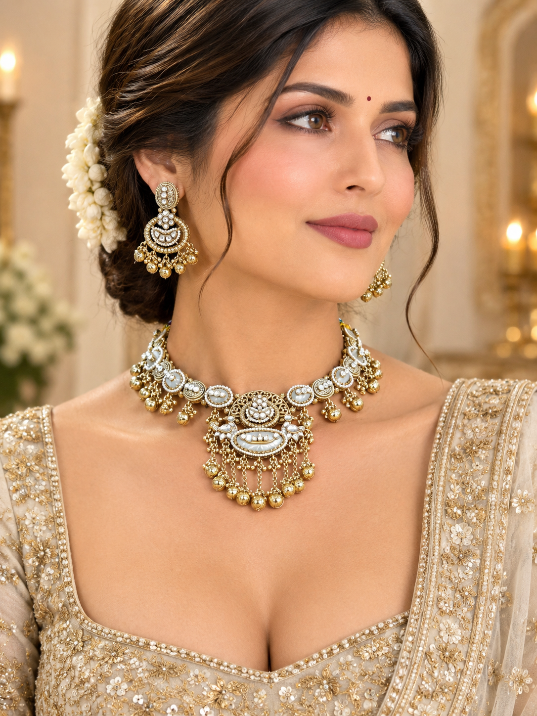Gold-Tone Kundan Choker Necklace Set with Pearl Details