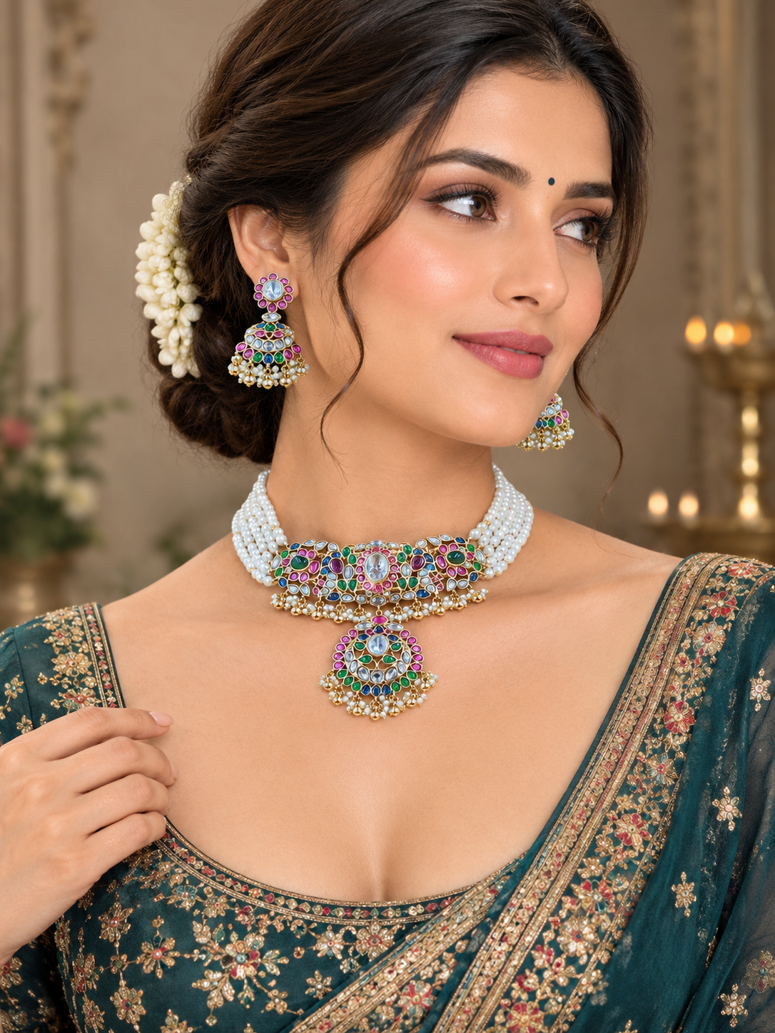 Multicolor Kundan Pearl Choker Necklace Set with Matching Earrings