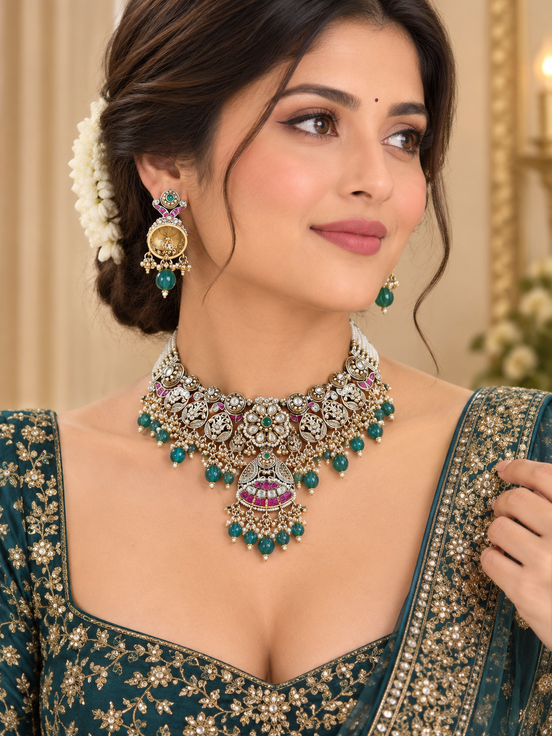 Antique Gold-Finish Traditional Choker Necklace Set with White Beads & Emerald Green Drops