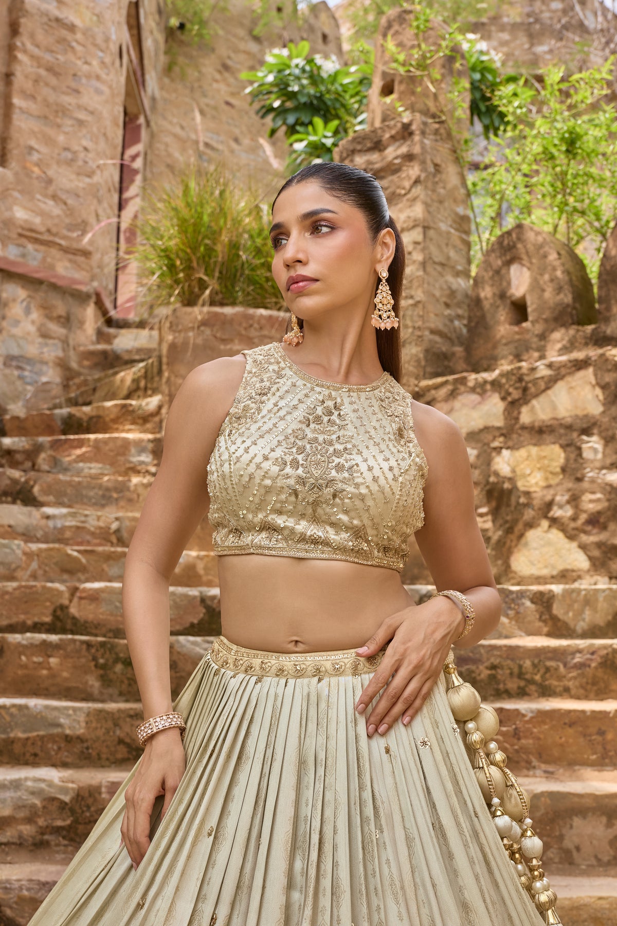 Shrestha lehenga, sequin round-neck blouse and latkan detail