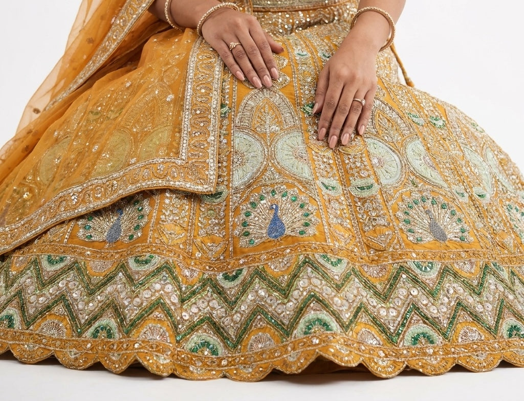 Mustard bridal lehenga, peacock motifs and chevron border detail