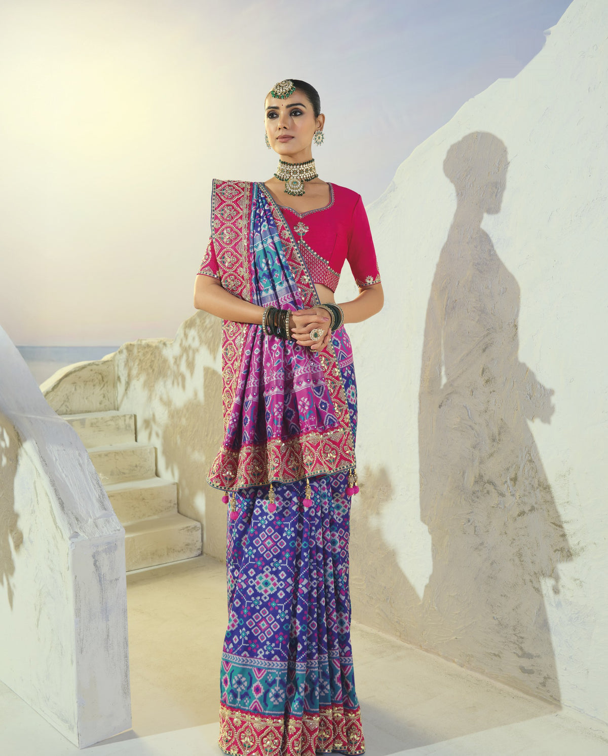 Rama blue and purple patola saree, draped front view