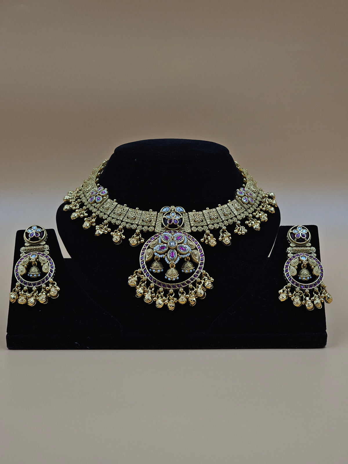 Antique Gold-Plated Kundan Necklace Set with Purple Stones
