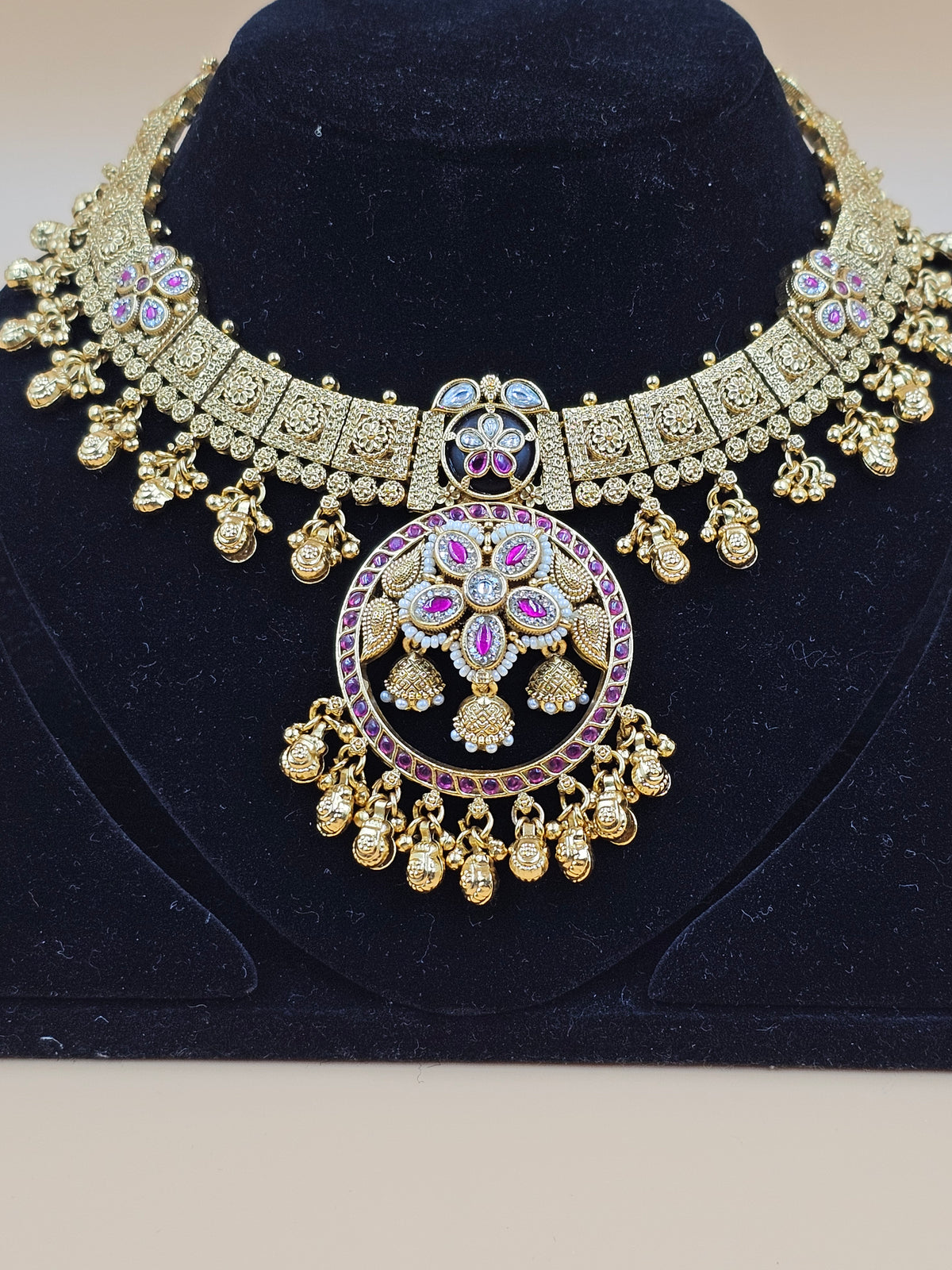 Antique Gold-Plated Kundan Necklace Set with Purple Stones