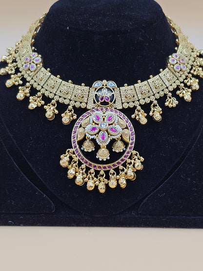Antique Gold-Plated Kundan Necklace Set with Purple Stones