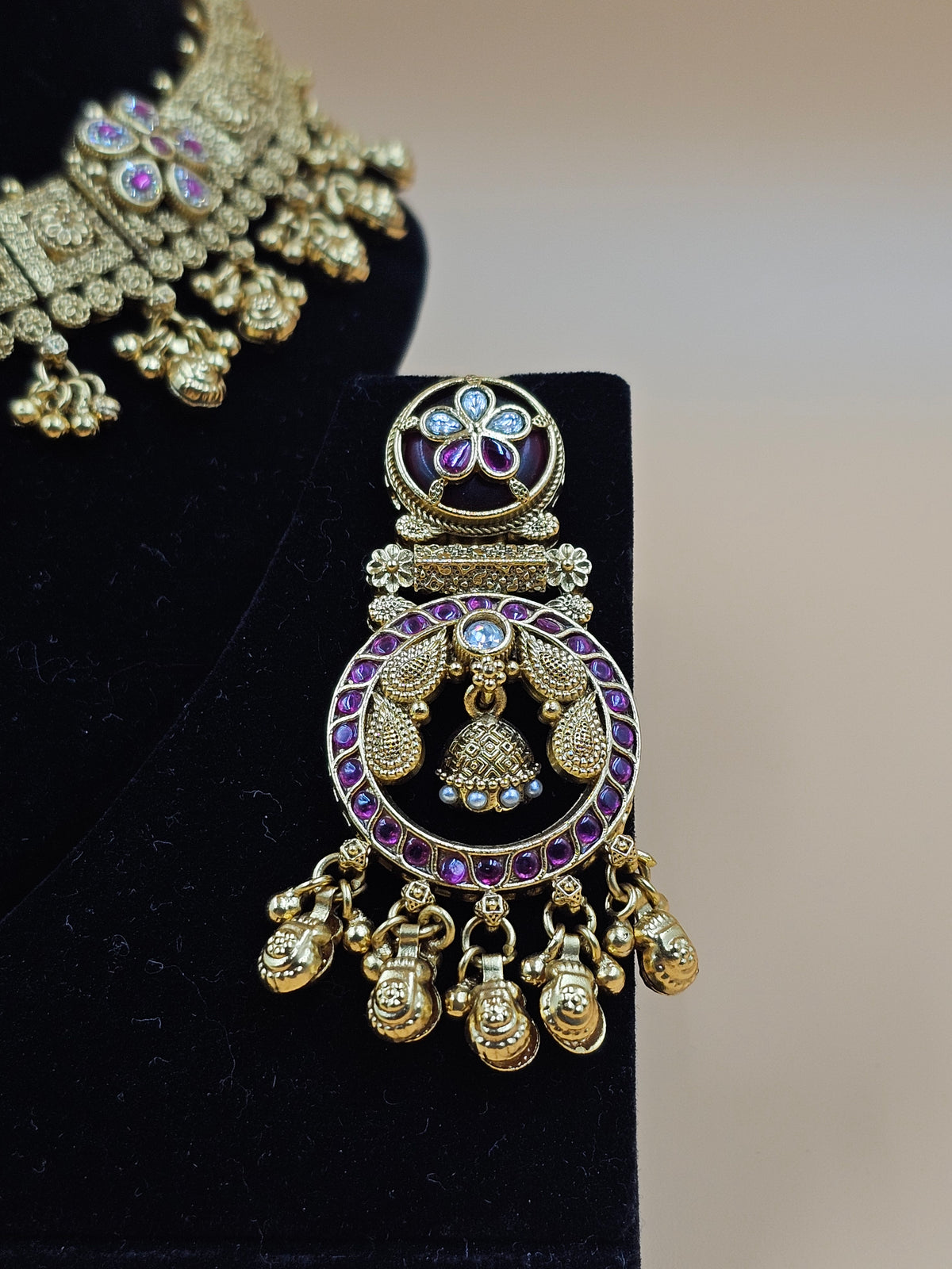 Antique Gold-Plated Kundan Necklace Set with Purple Stones