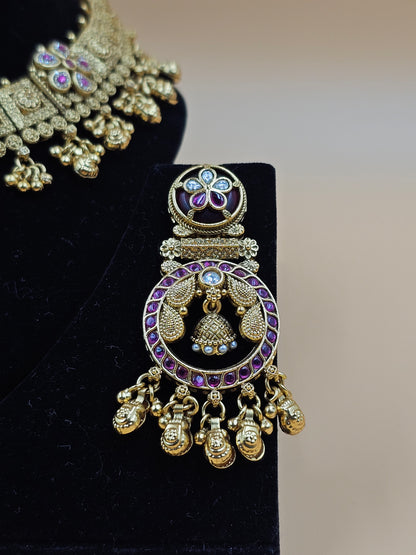 Antique Gold-Plated Kundan Necklace Set with Purple Stones
