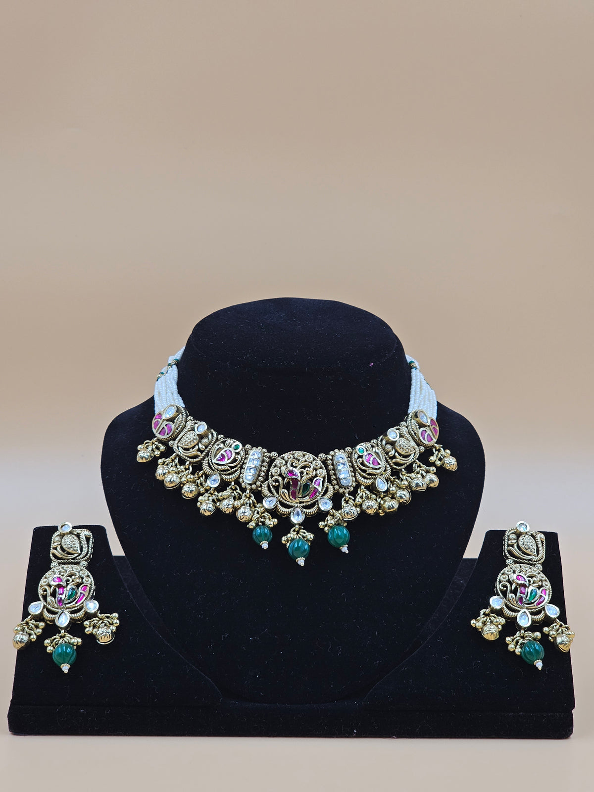Antique Gold Traditional Necklace Set with Green Beads