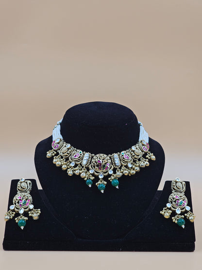 Antique Gold Traditional Necklace Set with Green Beads