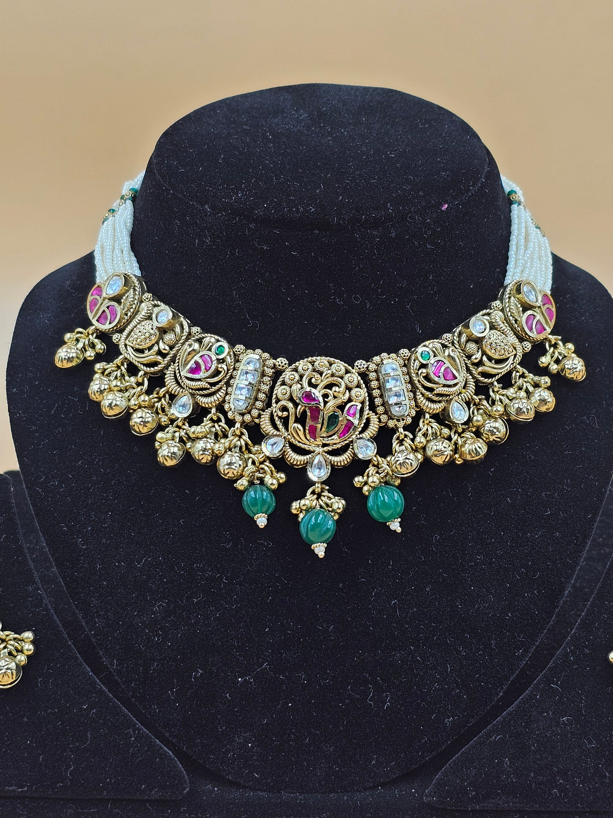 Antique Gold Traditional Necklace Set with Green Beads