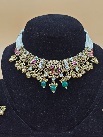 Antique Gold Traditional Necklace Set with Green Beads