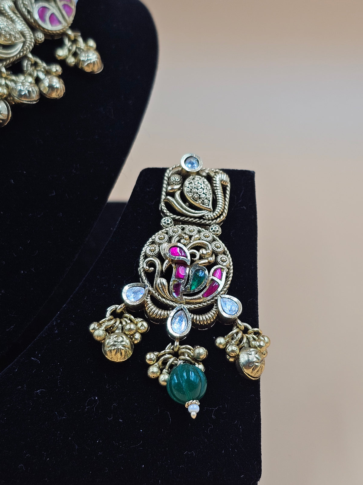 Antique Gold Traditional Necklace Set with Green Beads