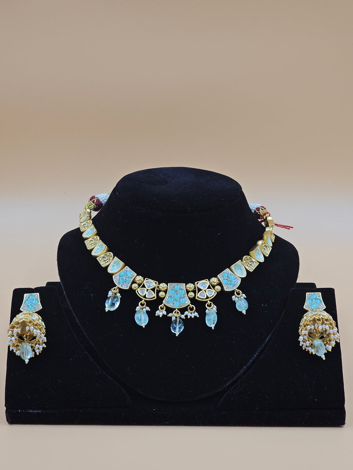 Gold-Finish Traditional Necklace Set with Sky Blue Enamel & Bead Drops