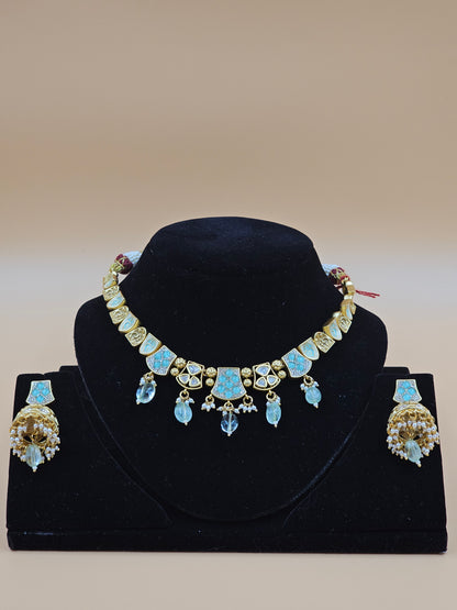 Gold-Finish Traditional Necklace Set with Sky Blue Enamel & Bead Drops