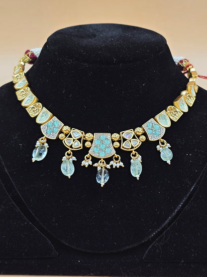Gold-Finish Traditional Necklace Set with Sky Blue Enamel & Bead Drops