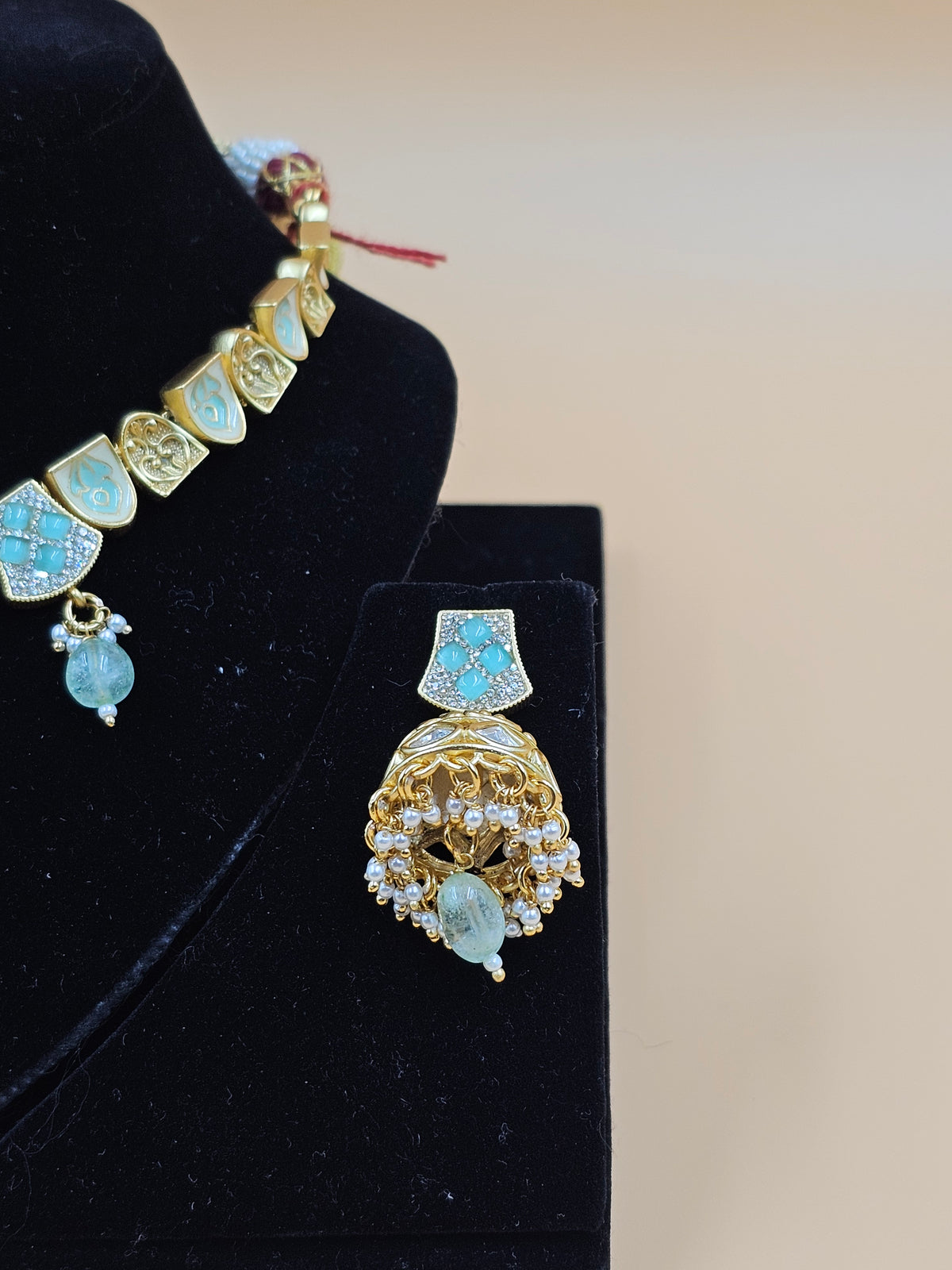 Gold-Finish Traditional Necklace Set with Sky Blue Enamel & Bead Drops