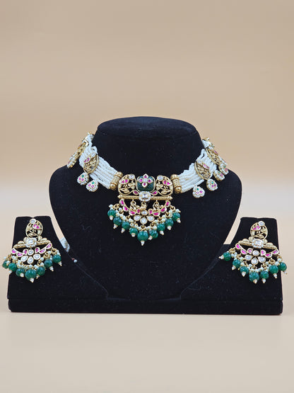 Antique Gold-Finish Traditional Choker Necklace Set with White Beads & Green Drops