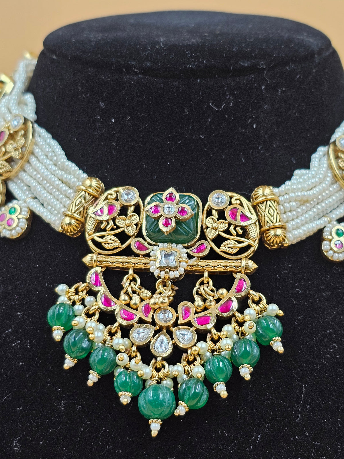 Antique Gold-Finish Traditional Choker Necklace Set with White Beads & Green Drops