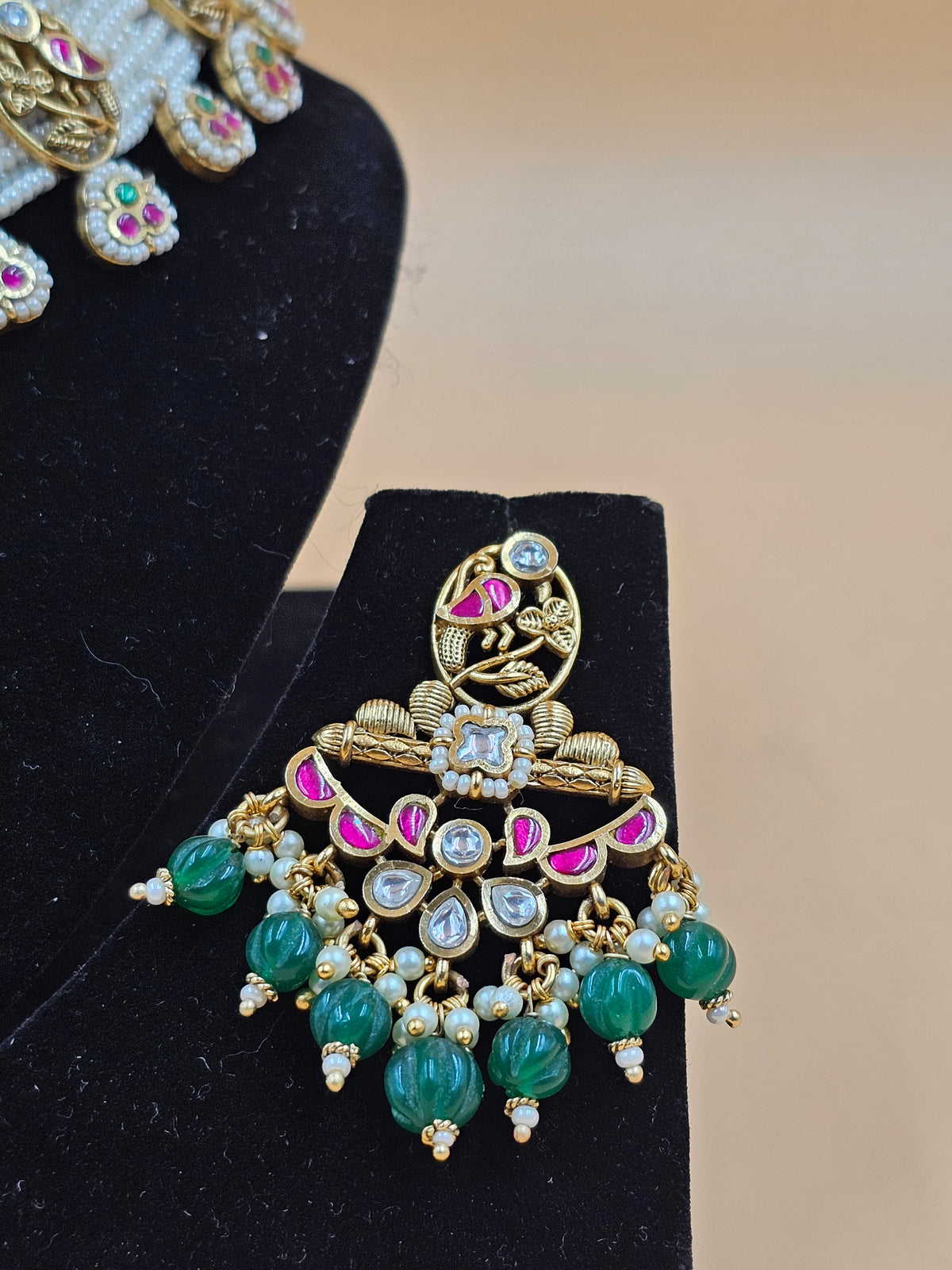 Antique Gold-Finish Traditional Choker Necklace Set with White Beads & Green Drops