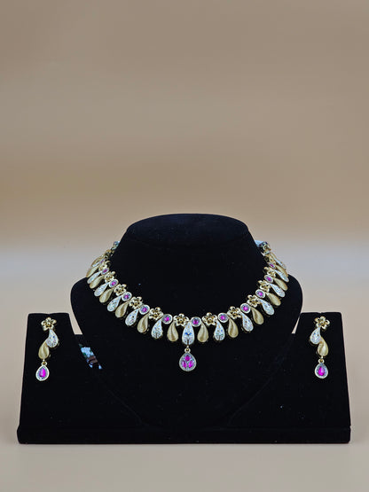 Gold-Plated Traditional Necklace Set with Pink Stone Accents