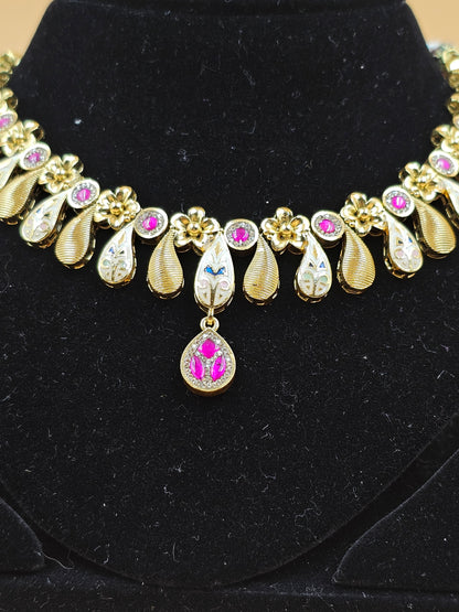 Gold-Plated Traditional Necklace Set with Pink Stone Accents
