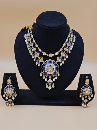 Royal Blue Kundan Pearl Necklace Set with Matching Earrings