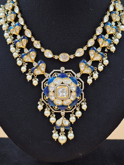 Royal Blue Kundan Pearl Necklace Set with Matching Earrings