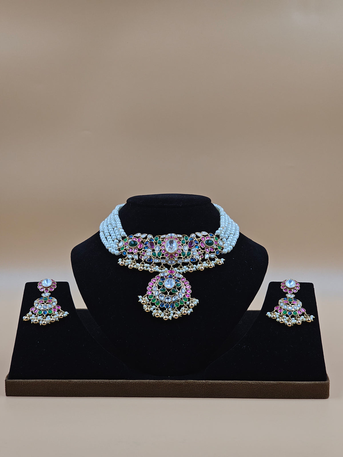 Multicolor Kundan Pearl Choker Necklace Set with Matching Earrings
