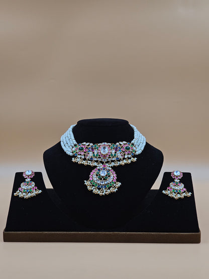 Multicolor Kundan Pearl Choker Necklace Set with Matching Earrings