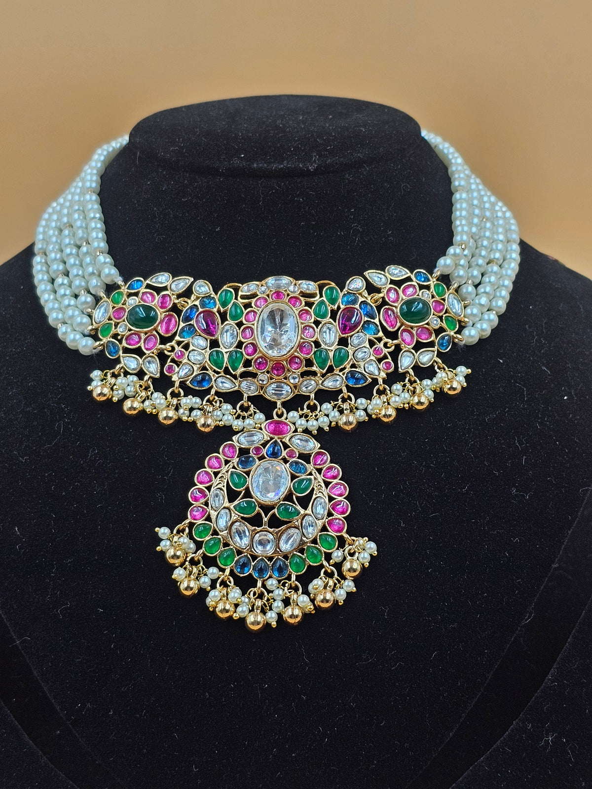 Multicolor Kundan Pearl Choker Necklace Set with Matching Earrings