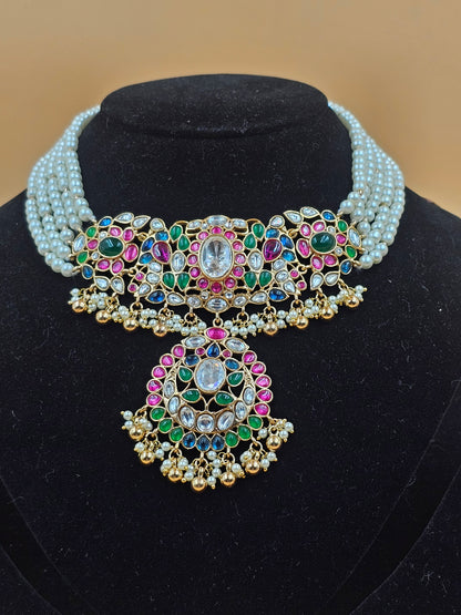 Multicolor Kundan Pearl Choker Necklace Set with Matching Earrings