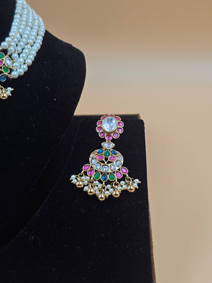 Multicolor Kundan Pearl Choker Necklace Set with Matching Earrings