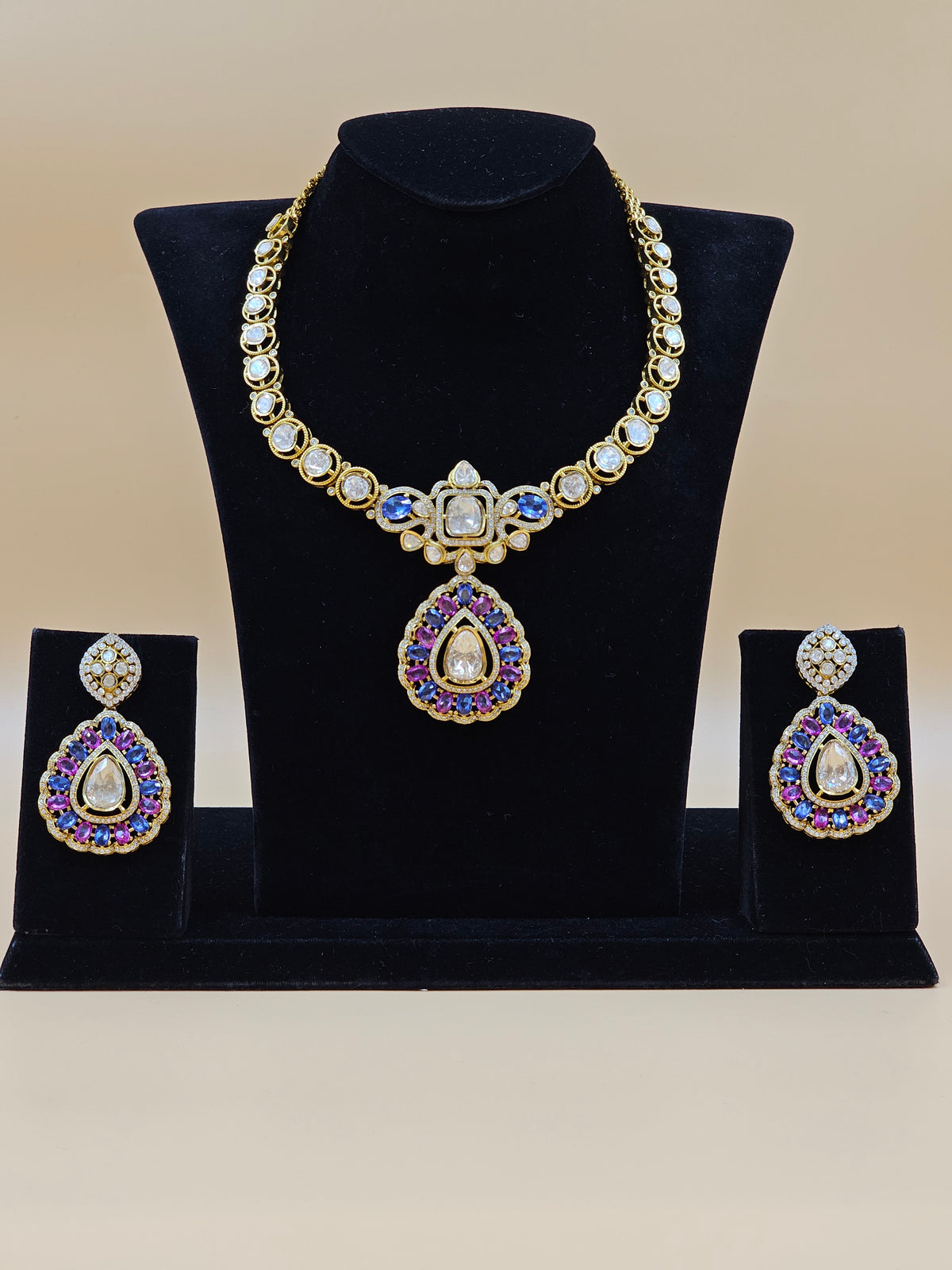 Gold-Tone Royal Necklace Set with Blue and Purple Stone Pendant