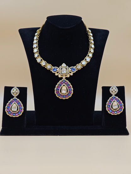 Gold-Tone Royal Necklace Set with Blue and Purple Stone Pendant