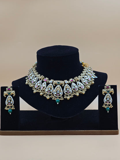 Antique Gold-Finish Traditional Choker Necklace Set with Crystal Stones & Green Bead Drops