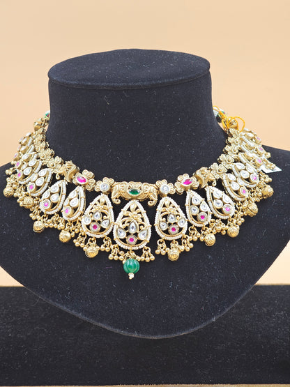 Antique Gold-Finish Traditional Choker Necklace Set with Crystal Stones & Green Bead Drops