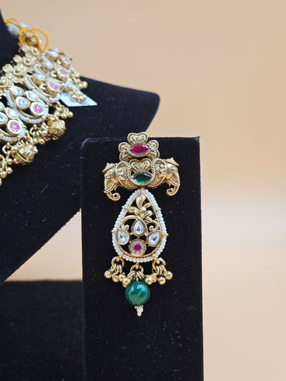 Antique Gold-Finish Traditional Choker Necklace Set with Crystal Stones & Green Bead Drops