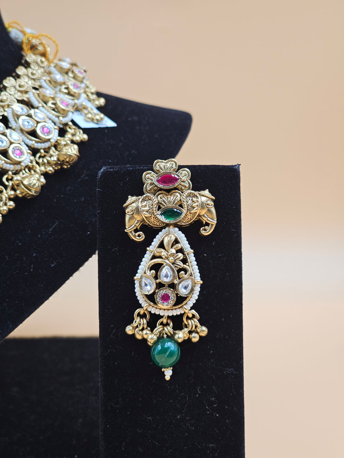 Gold-Tone Kundan Choker Necklace Set with Green Bead Drops