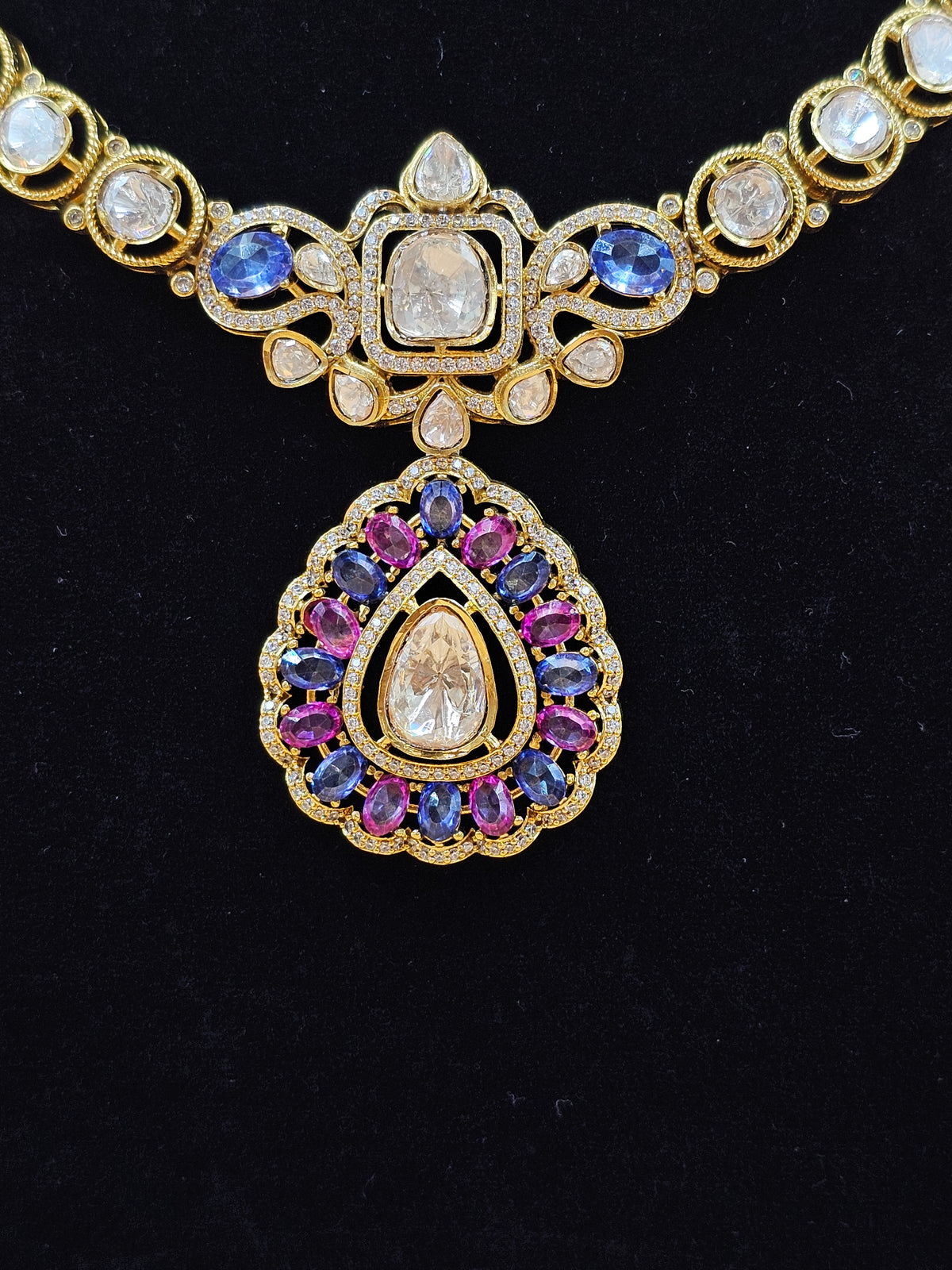 Gold-Tone Royal Necklace Set with Blue and Purple Stone Pendant