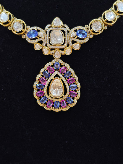 Gold-Tone Royal Necklace Set with Blue and Purple Stone Pendant