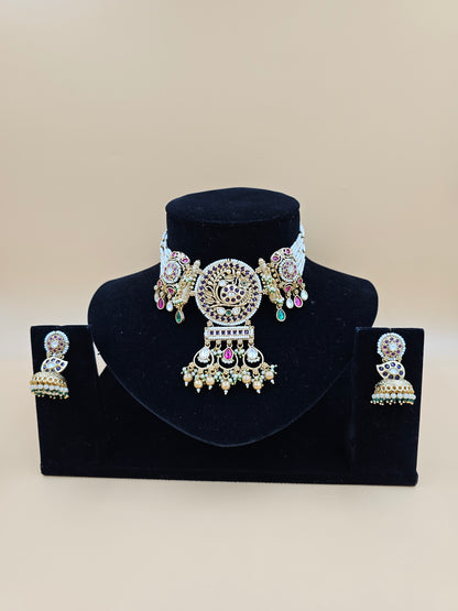 Traditional Peacock-Inspired Necklace Set with Pearls
