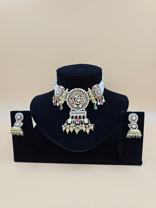 Traditional Peacock-Inspired Necklace Set with Pearls