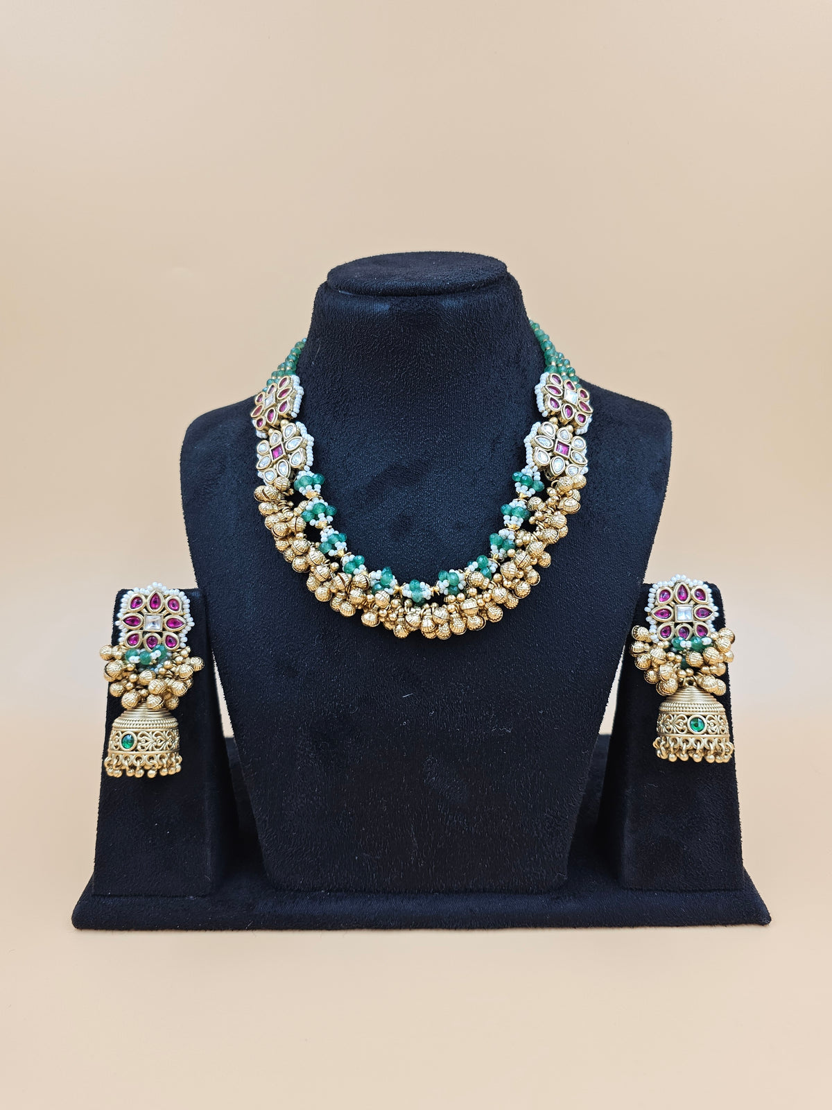 Traditional Gold-Tone Necklace Set with Green and Pink Stones