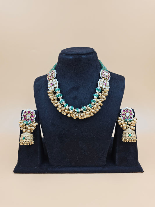 Traditional Gold-Tone Necklace Set with Green and Pink Stones