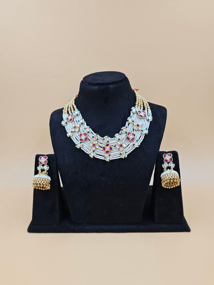 Pearl and Kundan Necklace Set with Floral Motifs