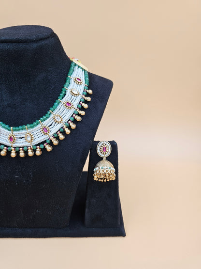 Pearl and Kundan Necklace Set with Green Accents